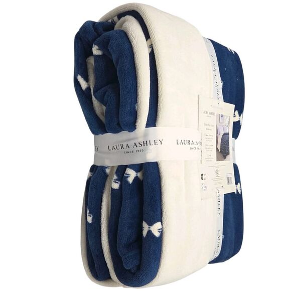 Laura Ashley Twin XL Bows Ivory And Blue Ultimate Plush Blanket Reversible 66x92 - Picture 1 of 9